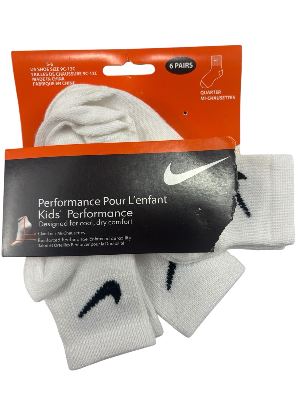 Nike Kids 3 Pack Performance White Quarter Socks Shoe Size 9-13